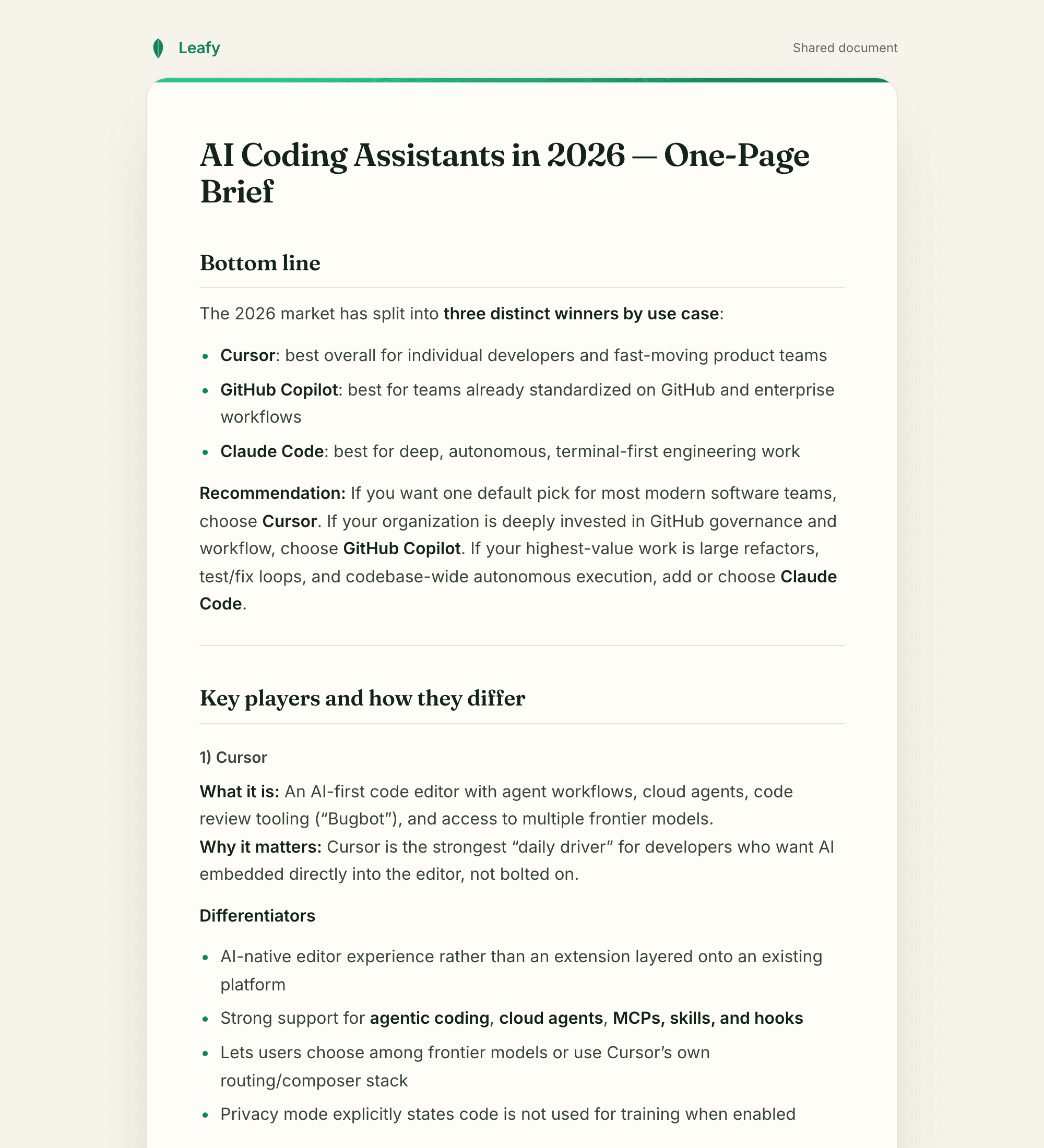 One-page research brief — a real artifact made by Leafy